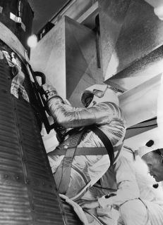 First American in Space, Alan Shepard climbs aboard Freedom 7 on launch day. Photo courtesy of NASA